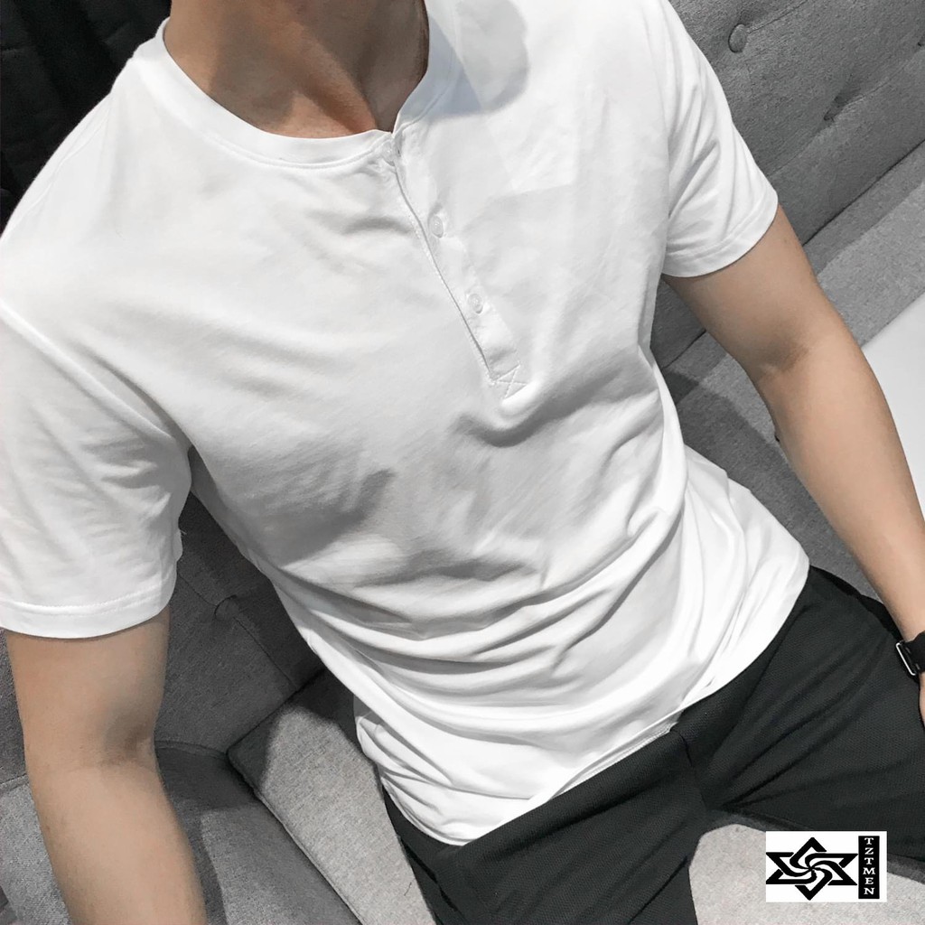 Áo Thun Trơn Cổ Tàu Có Cúc Chất Cotton Co Giãn 4 Chiều Thoáng Mát Form Slimfit Ôm Gọn Phù Hợp Đi Chơi Đi Làm