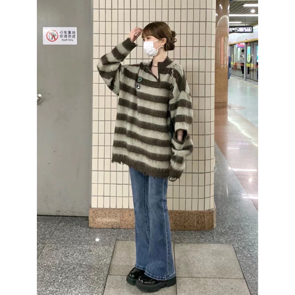 Áo Sweater Dệt Kim Kẻ Sọc Ngang Phong Cách Hàn Quốc Ngọt Ngào Cho Nữ