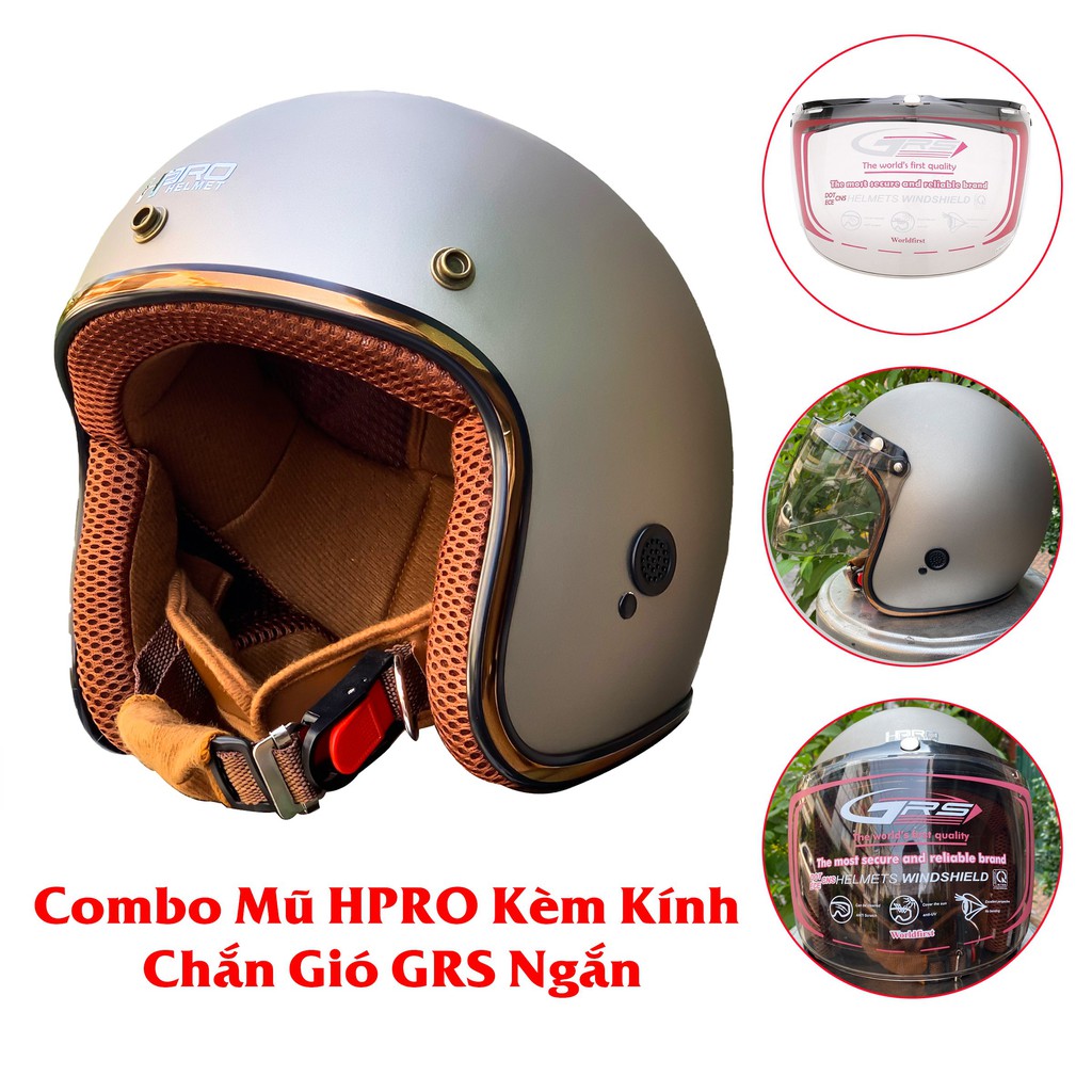 Combo Mũ Bảo Hiểm ¾ đầu Hpro Kèm Kính Chắn Gió GRS Ngắn -  Free size ( 55-58 cm ) - Bảo Hành 12 Tháng