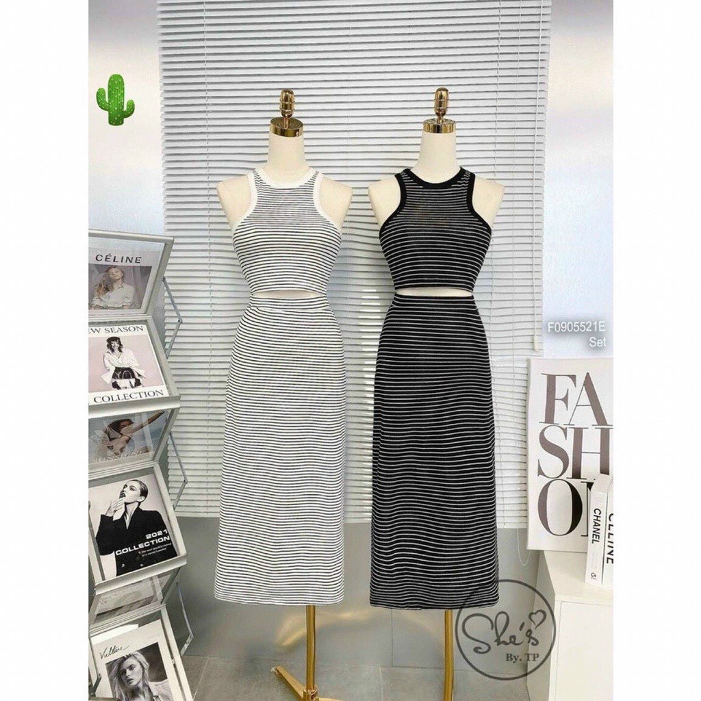 Set đầm áo croptop ba lỗ kẻ sọc kèm chân váy cực sang chảnh sexy tôn dáng cho nàng