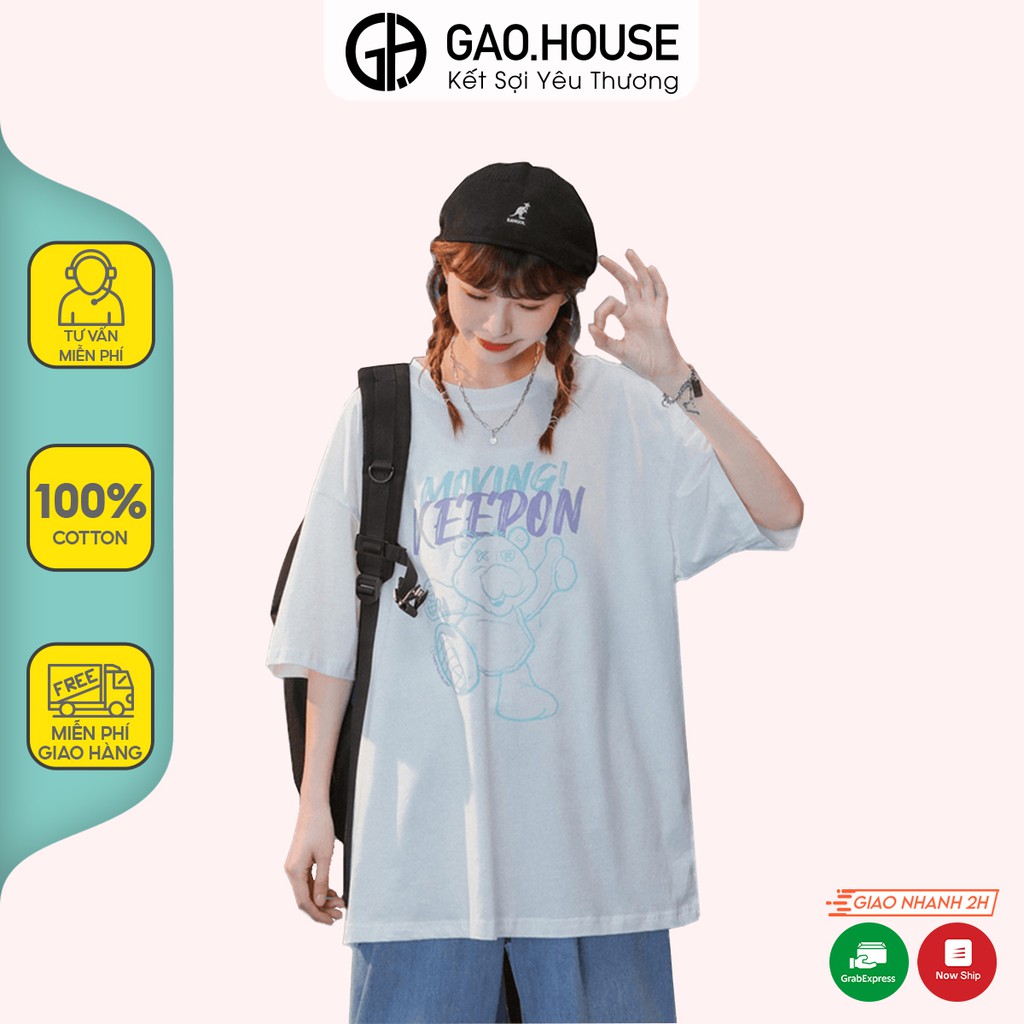 Áo thun nam nữ cộc tay Gạo House cotton chú gấu moving Keepon dáng oversize V222