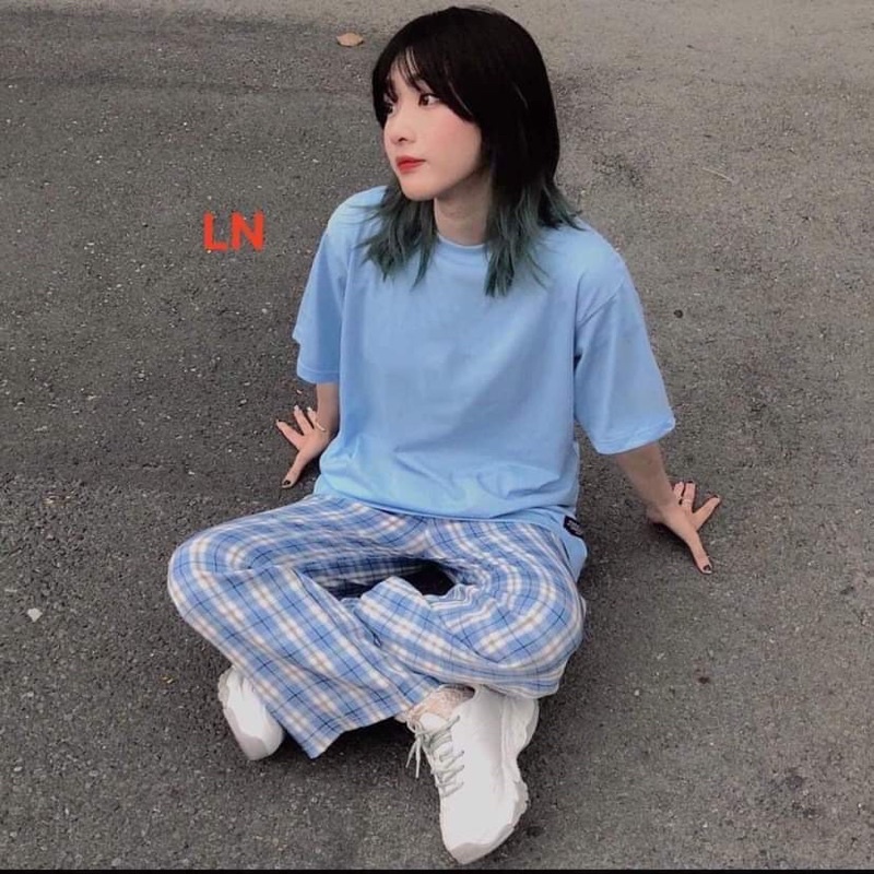 Sét áo thụng trơn + quần kẻ xanh