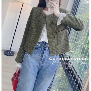 Anu73 - áo khoác dạ tweet rêu cổ tròn 2 hàng cúc