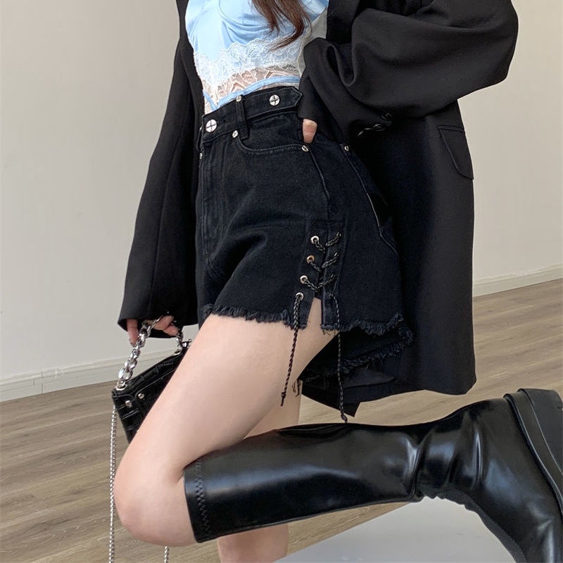 Quần Short Denim Màu Đen Lưng Cao Phong Cách Hàn Quốc Cho Nữ