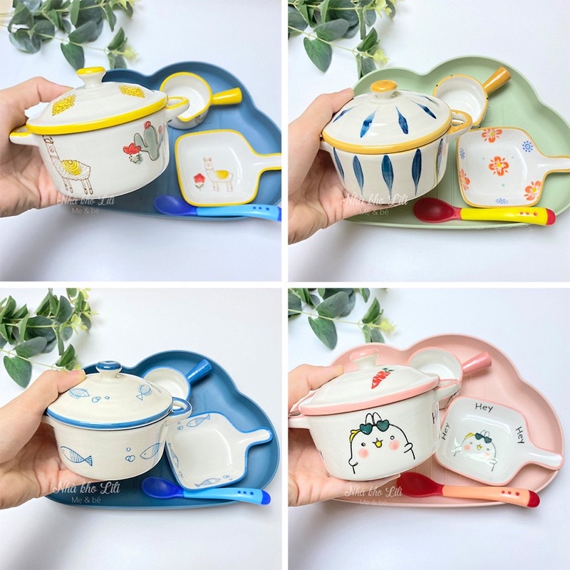 Set bát sứ cao cấp 5 chi tiết dành cho bé ăn dặm thiết kế dễ thương, tặng thìa báo nóng