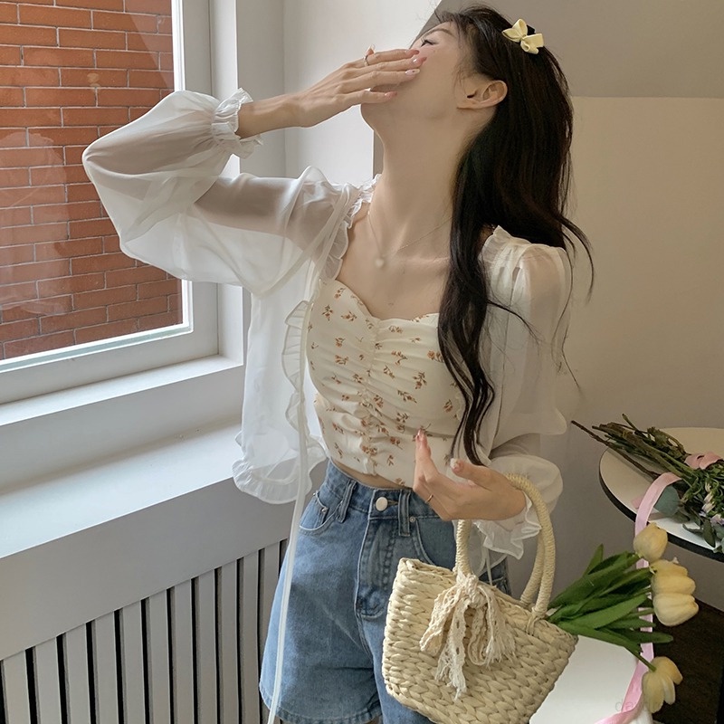 Áo Croptop Kiểu Nữ Áo Khoác Cardigan Chất Chiffon Tay Dài Màu Sắc Thanh Lịch