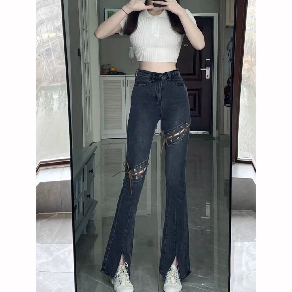 New Arrival Spring/Summer Women's Long Slim Jeans with Lace Up Large Size