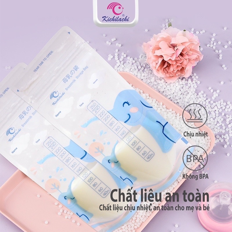 Túi trữ sữa 250ml KICHILACHI hình con voi, túi đựng sữa khoá ziper chắc chắn (50 túi)