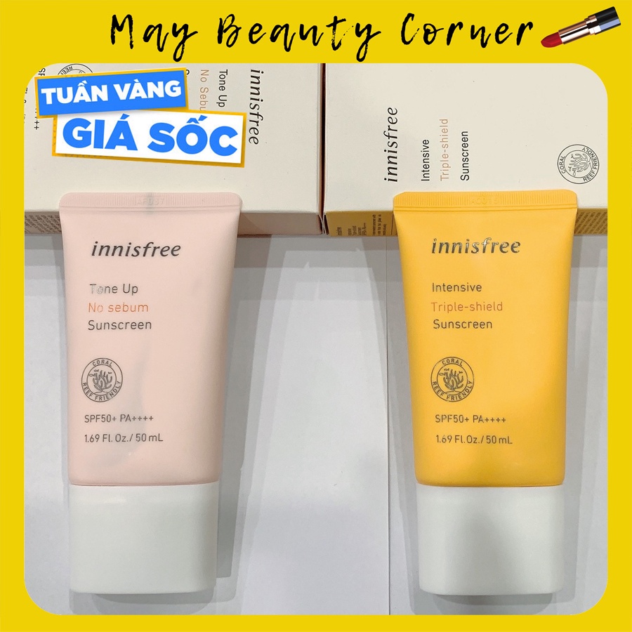 Kem chống nắng Innisfree Intensive Triple-Shield và Tone Up No Sebum Sunscreen SPF50+ PA++++ 50ml