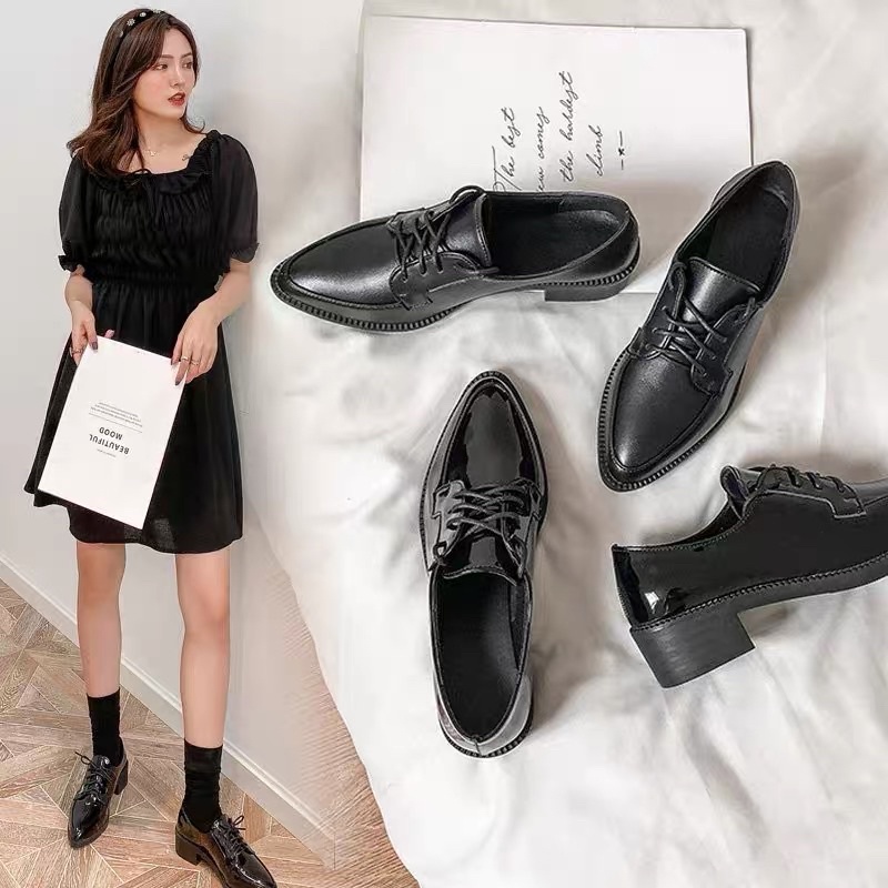 Giầy oxford mũi nhọn gót cao 3,5cm phong cách retro