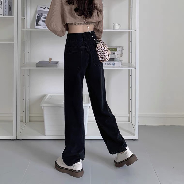 Quần Bò Jeans Nữ Dài Ống Suông Rộng Màu Đen Cạp Cao 3 Khuy Hack Dáng Hàn Quốc Ulzzang Siêu Hot J324 HIEKIE