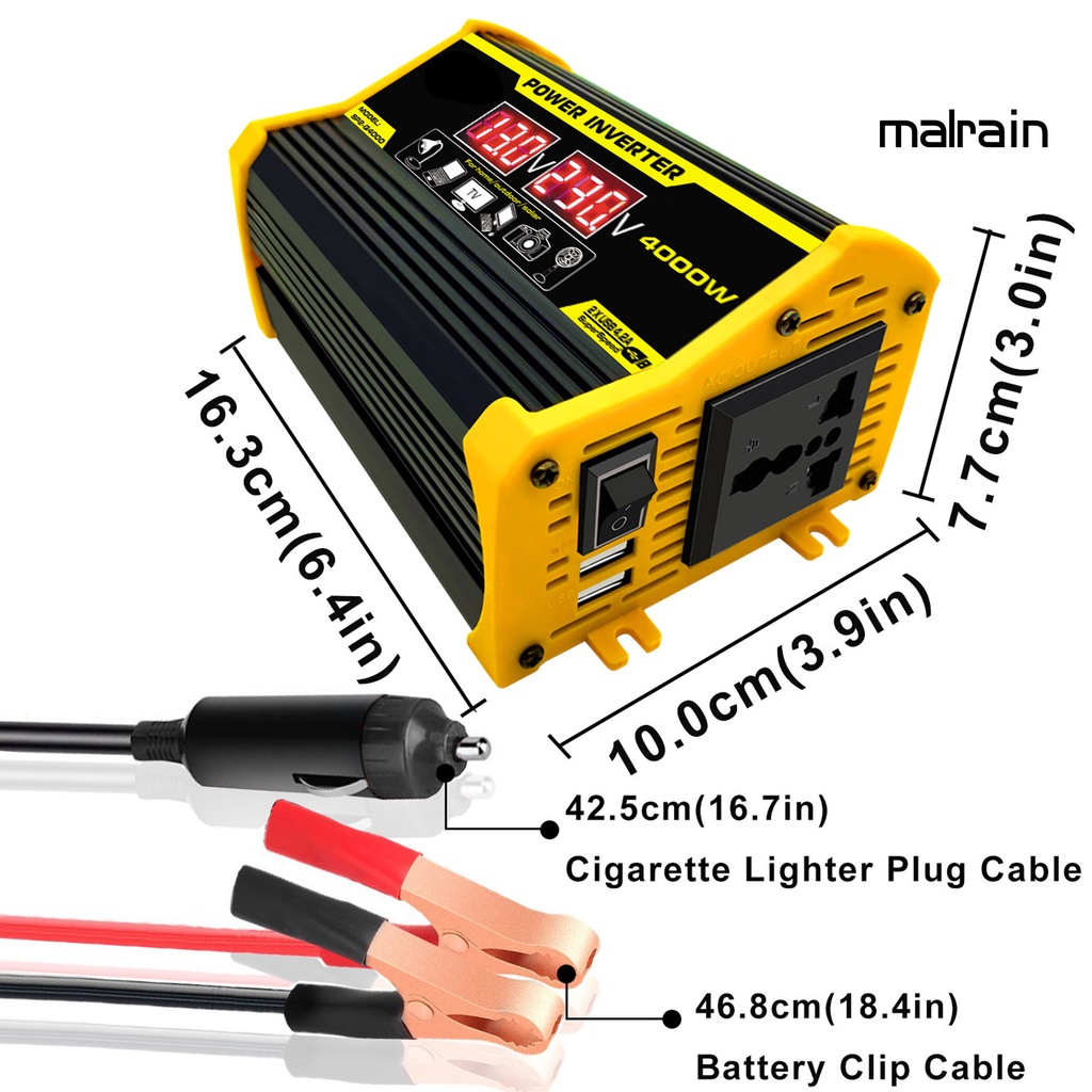 Bộ Chuyển Đổi Nguồn Điện Hai Cổng USB DC 12V Sang AC 220V/110V 4000W Cho Xe Hơi