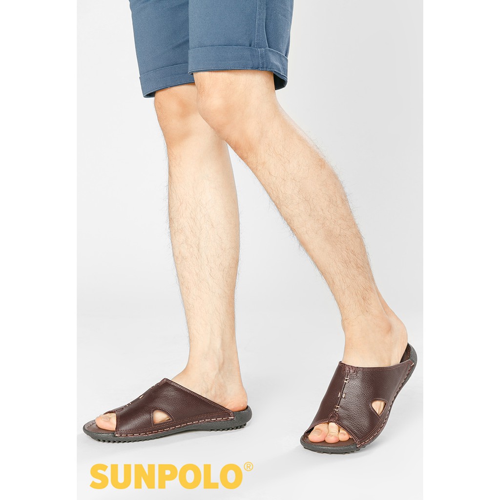 Dép Quai Ngang Nam Da Bò SUNPOLO Nâu Đen - SUD12ND