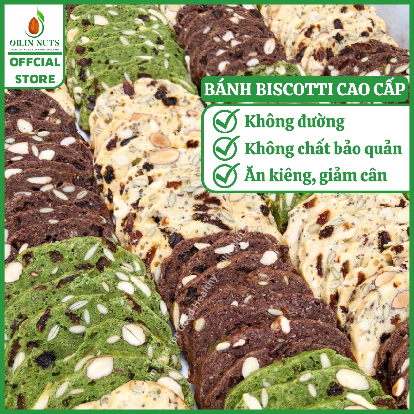 Bánh Biscotti Nguyên Cám Ăn Kiêng Không Đường OILIN NUTS 300g - Bánh biscotti Ngũ Cốc Ăn Sáng Mix Vị