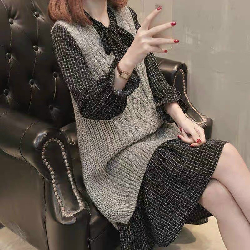 Sét Váy bánh Bèo Cổ Nơ + Áo gile Len Quảng châu ❤️