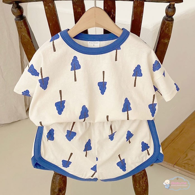 Bộ Áo Thun Dáng Rộng Đơn Giản + Quần Short In Họa Tiết Dễ Thương Thời Trang Cho Bé Trai + Gái
