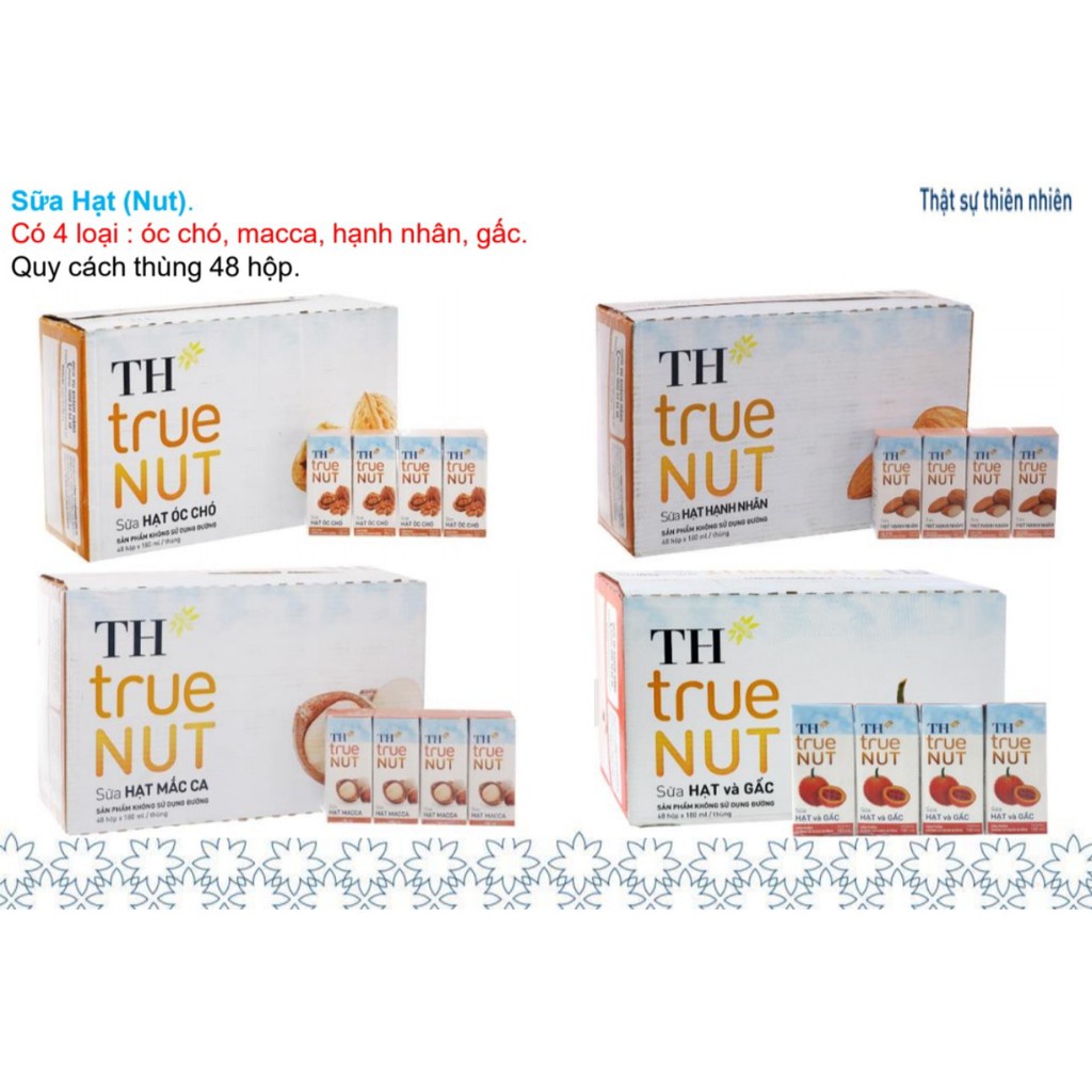 Sữa hạt TH true milk 180mlx48 hộp ( Óc chó / Macca / Hạnh Nhân / Gấc / Hạt Nghệ / Đủ mùi )