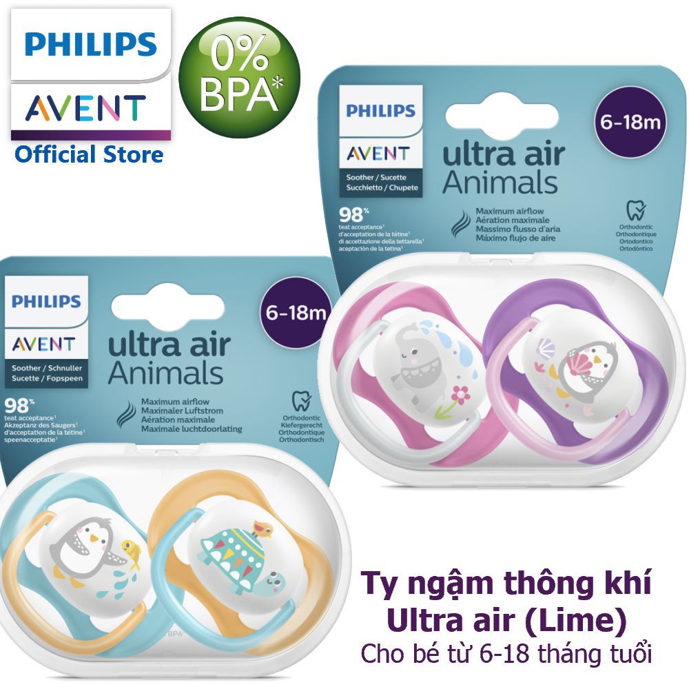 Ty ngậm thông khí Ultra Air Lime Philips Avent hình thú 0-6M và 6-18M (Vỉ đôi)