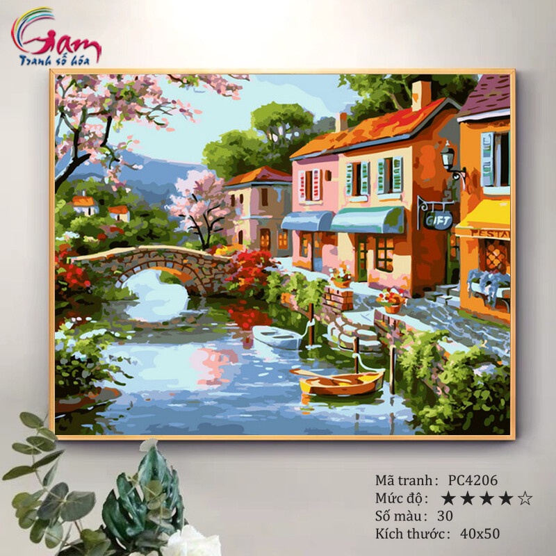 Tranh tô màu theo số Gam mùa xuân bên cầu PC4206
