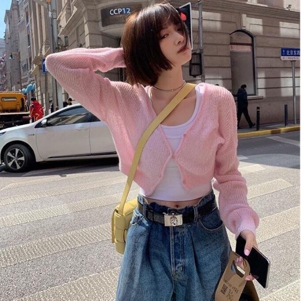 Áo khoác len cardigan dáng croptop mỏng 3 cúc sexy tay dài dáng rộng cổ chữ V thời trang Hàn Quốc-KL1