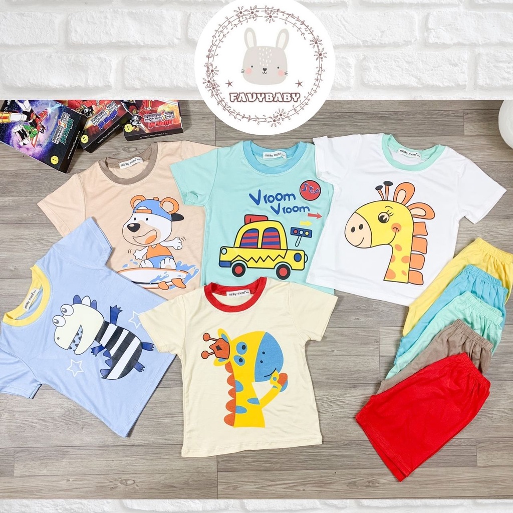Đồ Bộ MINKY MOM Bé Trai Bé Gái Thun Lạnh Cộc Tay Động Vật Hươu Cao Cổ Chó Con Lướt Sóng Trẻ Em 0 1 2 3 4 5 Tuổi-Favybaby