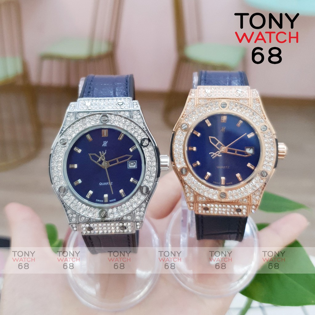 Đồng hồ nữ HULO mặt xanh dây cao su giả da mặt đính đá pha lê chống nước chính hãng Tony Watch 68 -Hàng nhập khẩu