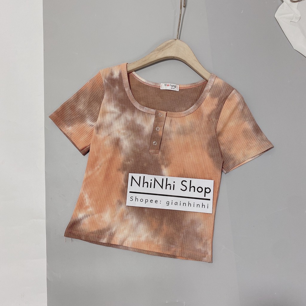 Áo thun tăm loang cổ vuông cúc bấm, Áo thun kiểu cổ U dáng ôm CS5014 - NhiNhi Shop