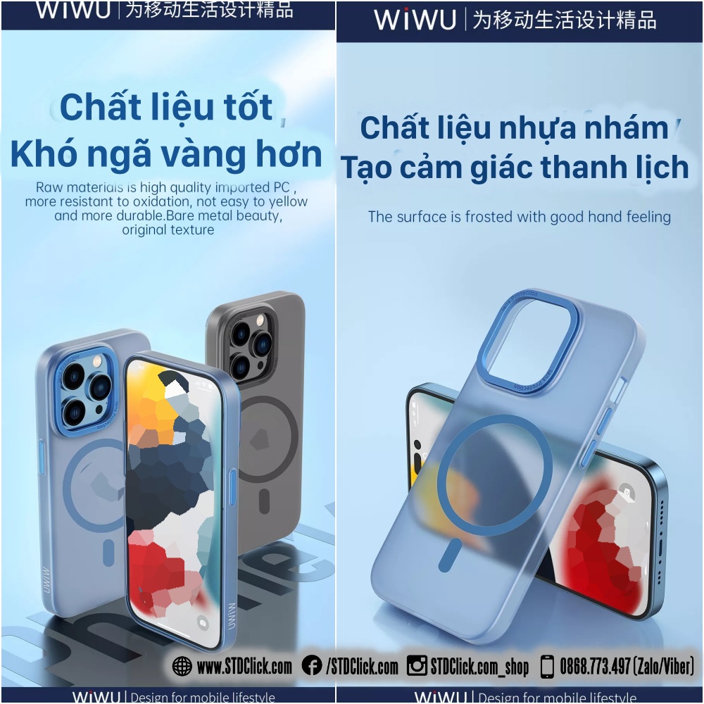 ỐP LƯNG IPHONE 14 PRO MAX - 14 PRO - 14 PLUS - 14 WIWU CHÍNH HÃNG SIÊU MỎNG NHÁM KÈM HỔ TRỢ SẠC KHÔNG DÂY NAM CHÂM
