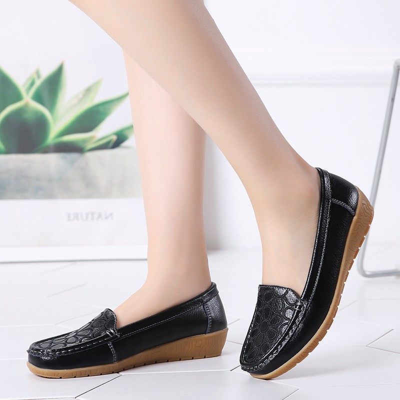 Giày Da Bò Đế Bằng Màu Đen Thời Trang Cho Nữ