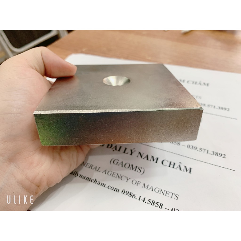 Nam châm khối siêu mạnh 95x95x25mm có lỗ 8mm, nam châm siêu to khổng lồ lực hút mạnh có lỗ