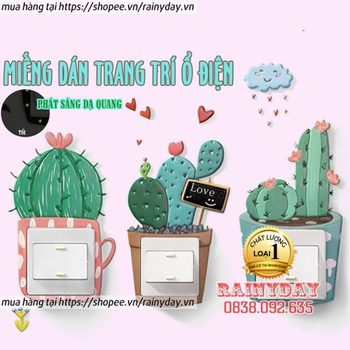 Miếng decal dán trang trí ổ cắm điện công tắc đèn 3D phát sáng dạ quang cute dễ thương