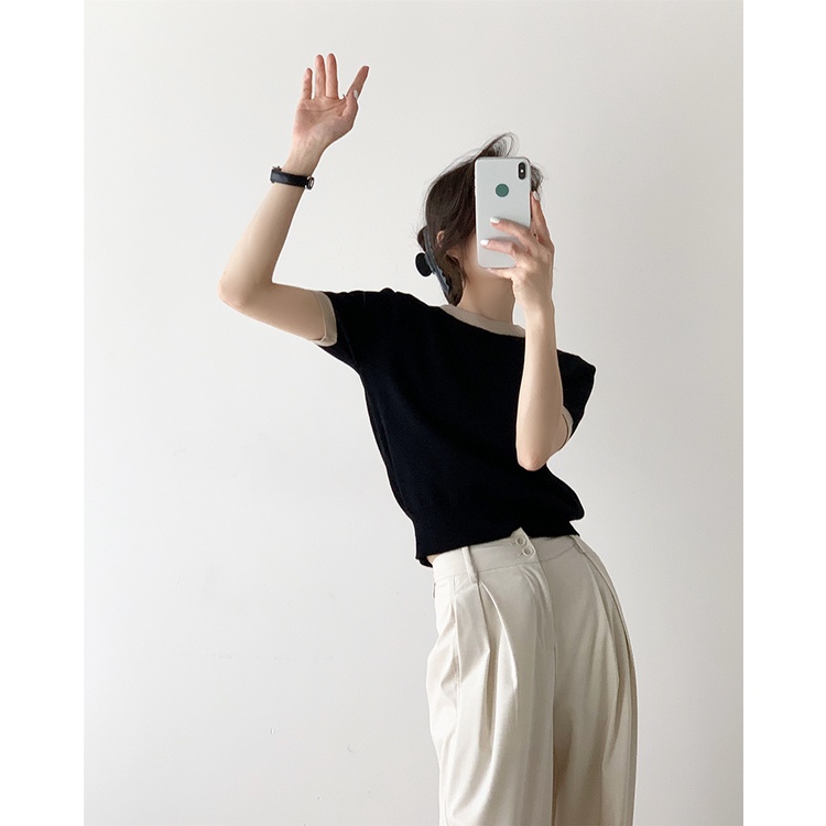 Áo sweater Xiaozhainv dệt kim tay ngắn cổ tròn phong cách Hàn Quốc có 3 màu dễ phối đồ cho nữ
