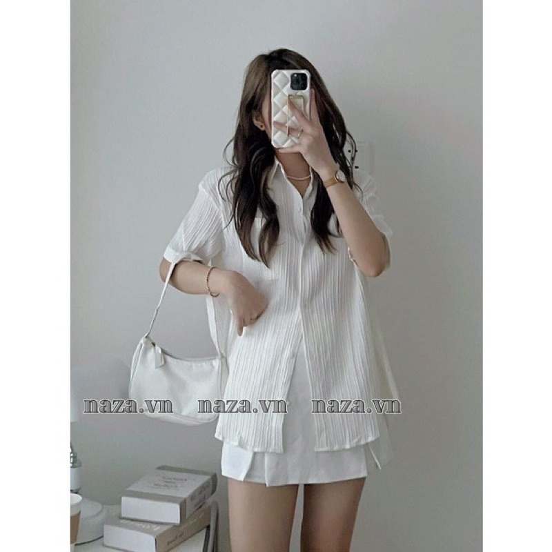 Áo sơ mi from rộng sọc xốp gân