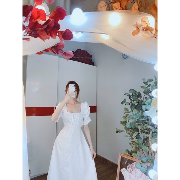 ĐẦM CỔ VUÔNG TAY PHỒNG CÚC BỌC FREESIZE