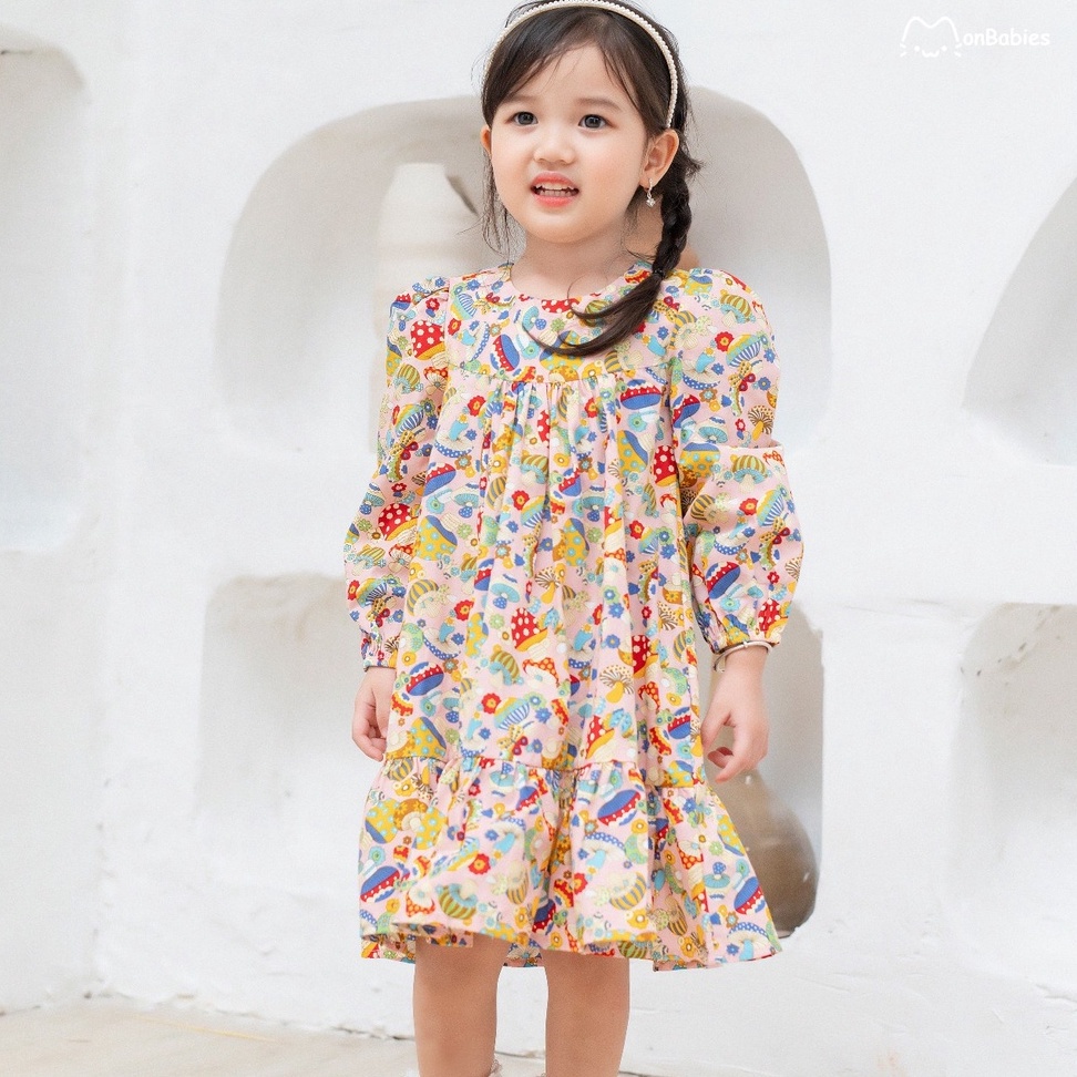 Đầm cho bé gái babydoll dài tay MonBabies VL06 cotton 1-6 tuổi họa tiết dễ thương