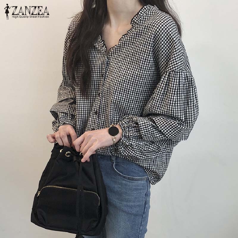 ZANZEA Áo dài tay dáng rộng họa tiết sọc caro phối nút thời trang cá tính cho nữ | BigBuy360 - bigbuy360.vn