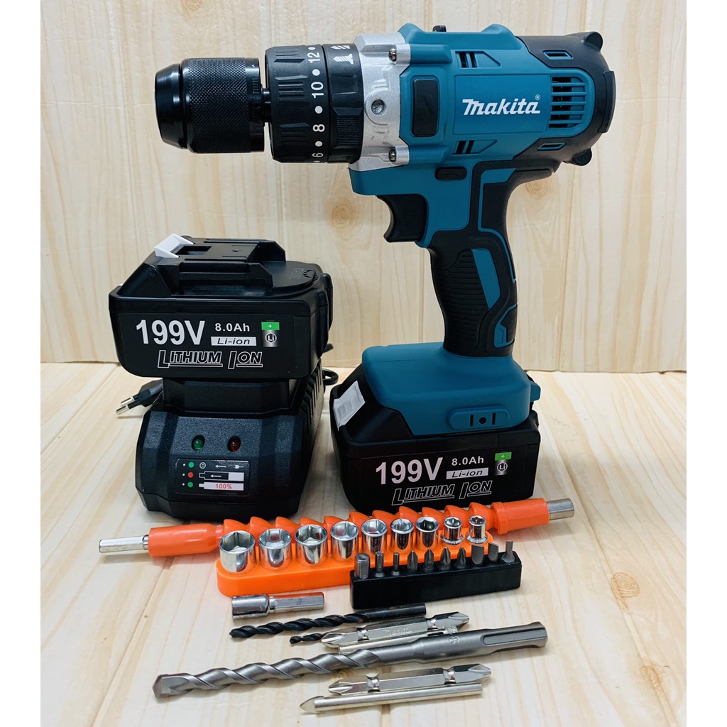 Máy khoan pin 199V Makitta 3 chức năng có búa - Động cơ 775 siêu mạnh mẽ - Chuyên khoan bê tông, tường, sắt, gỗ, bắt vít