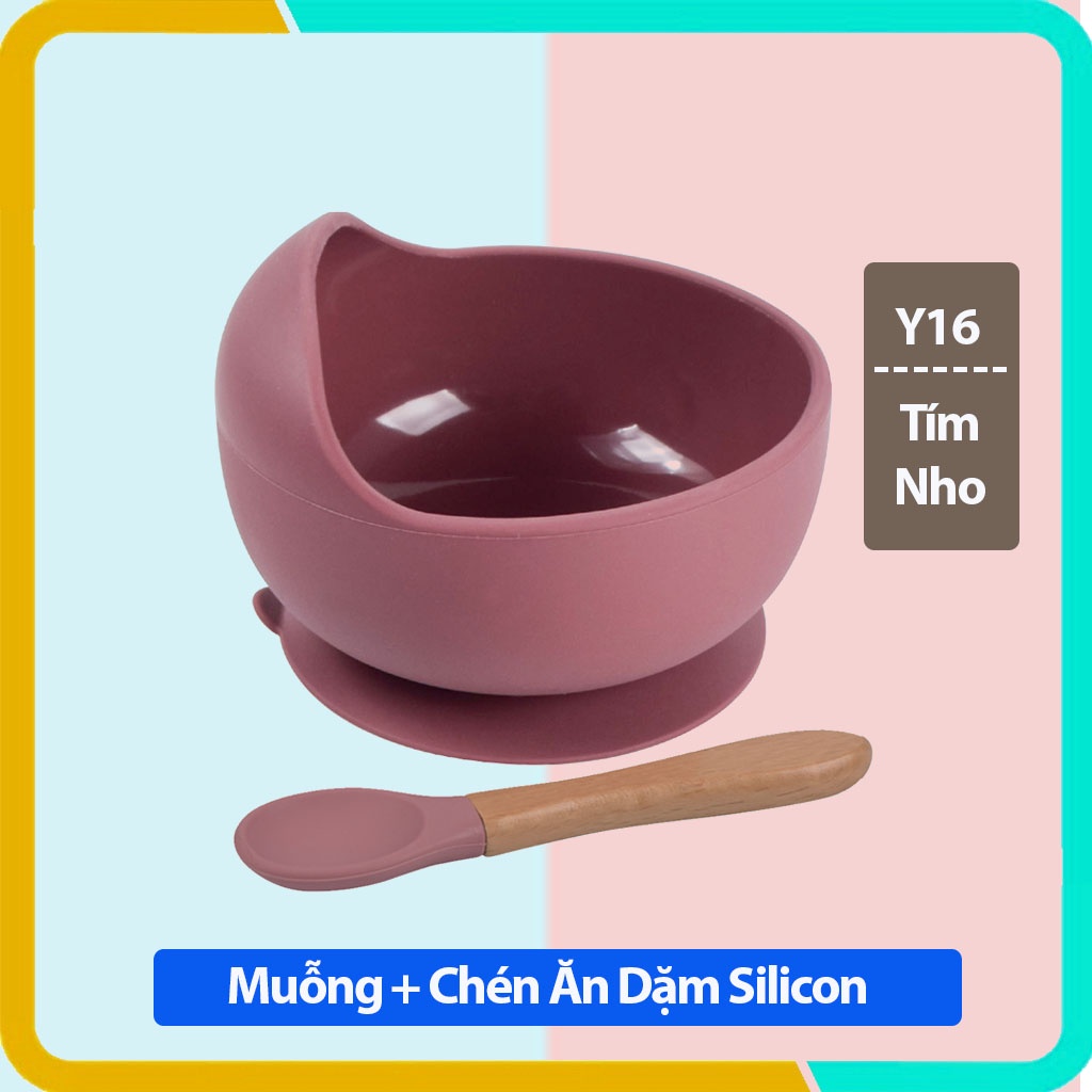 Chén Ăn Dặm Silicon Kèm Thìa Tay Cầm Gỗ - Đế Hít Chống Đỗ- Chất Liệu An Toàn Cho Bé- Ăn Dặm Chỉ Huy Kiểu Nhật