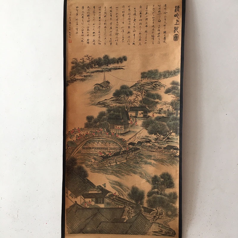 [ SIÊU PHẨM ] Tranh giả cổ THANH MINH THƯỢNG HÀ ĐỒ, Tranh giấy xuyến chỉ viền bo lụa size lớn 155 x 74cm