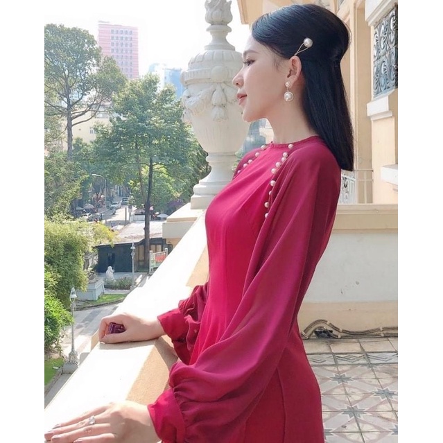 ÁO DÀI LỤA TƠ ÓNG 4 TÀ MÀU ĐỎ ĐÔ SIÊU YÊU