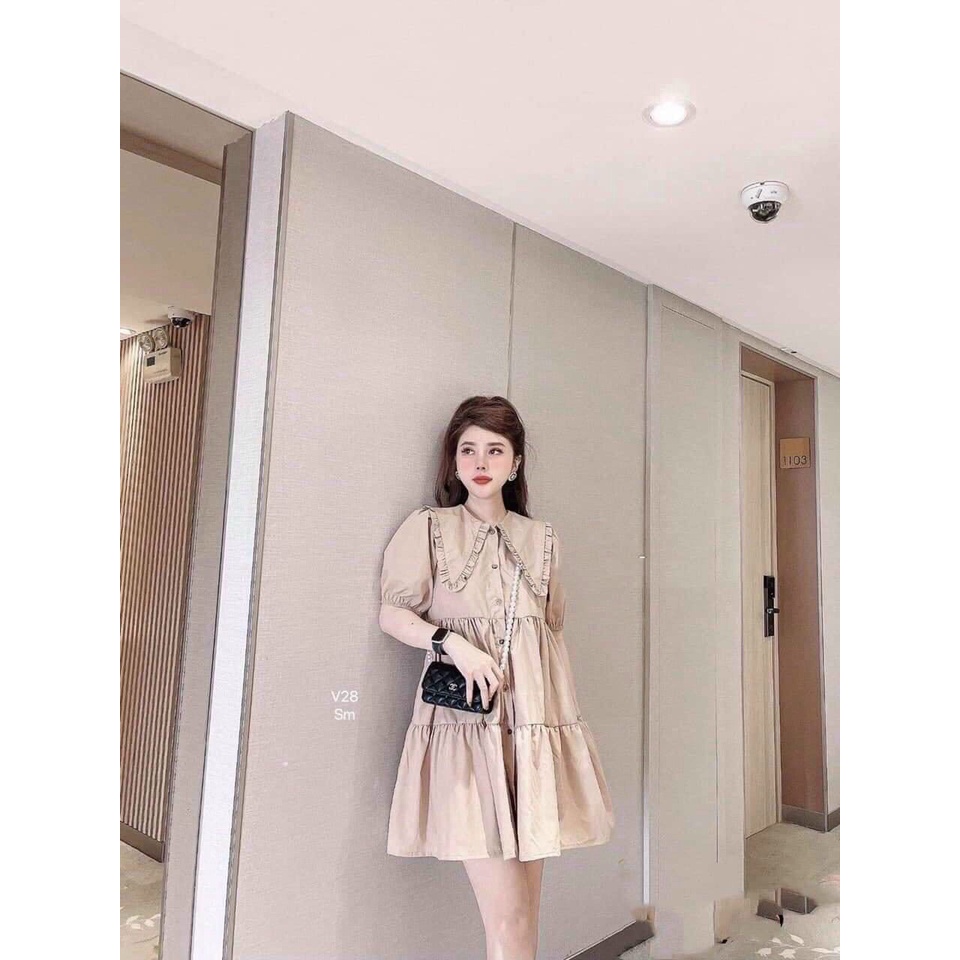 Đầm babydoll cổ bèo tay búp, đầm xoè phối nút cổ sen nàng bầu mặc được