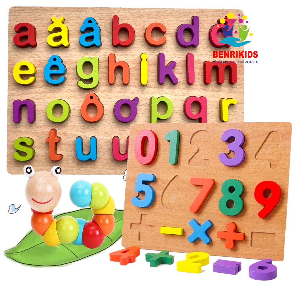 [Tặng Đồ Chơi Sâu Gỗ]Bộ 2 Bảng Ghép Chữ Cái Tiếng Việt In Thường Và Số Đếm Benrikids-001 Bằng Gỗ Hàng Việt Nam