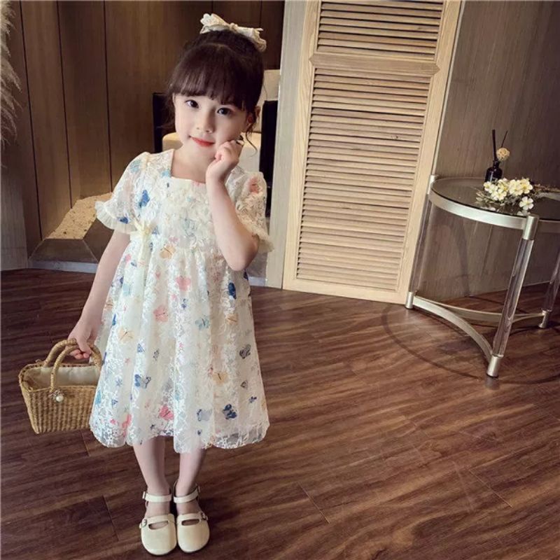Đầm Công Chúa Ren Trắng in hình  , Váy Bé Gái Ngắn Tay Đính Nơ Hàng Cao Cấp, ảnh thật trải sàn