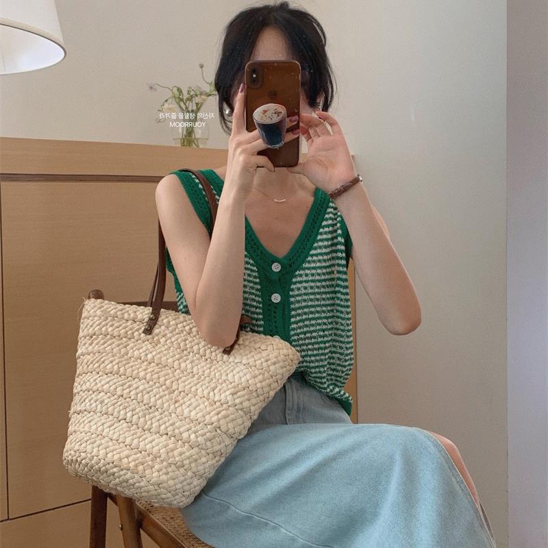 NZN Áo Dệt Kim Nữ Sát Nách Cổ Chữ V Phong Cách Retro Hàn Quốc Hiện Có 4 Màu