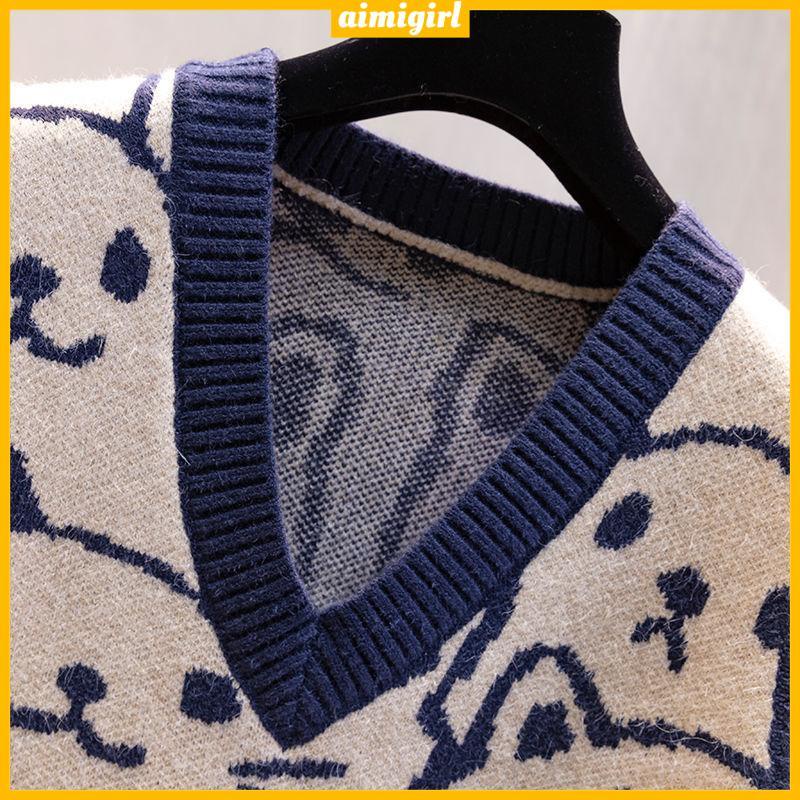 Mới Áo Sweater Dệt Kim Sát Nách Cổ Chữ V Dáng Rộng In Hoạt Hình Mèo Thời Trang Cho Nữ