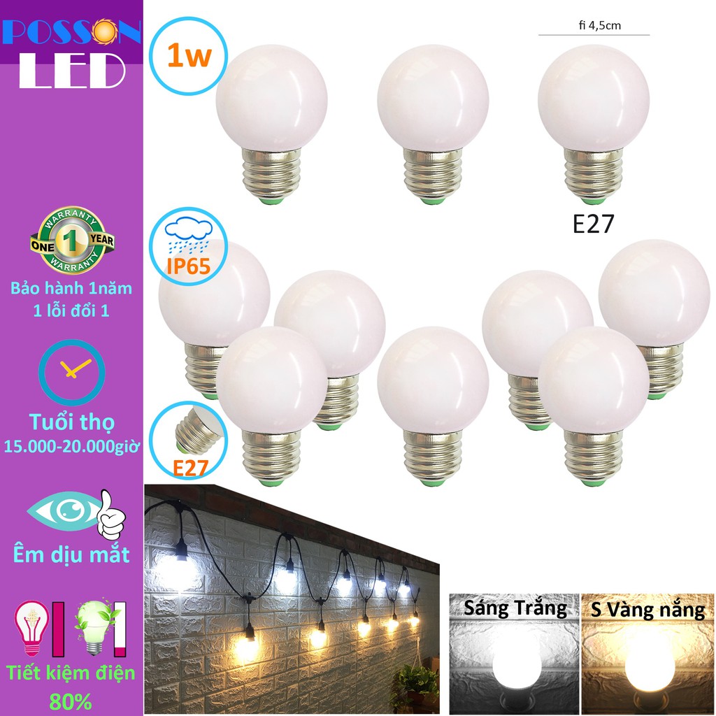 Combo 10 Bóng đèn Led 1w bup tròn G45 bulb đuôi E27 tiết kiệm điện kín chống nước trang trí ngoài trời AC220V