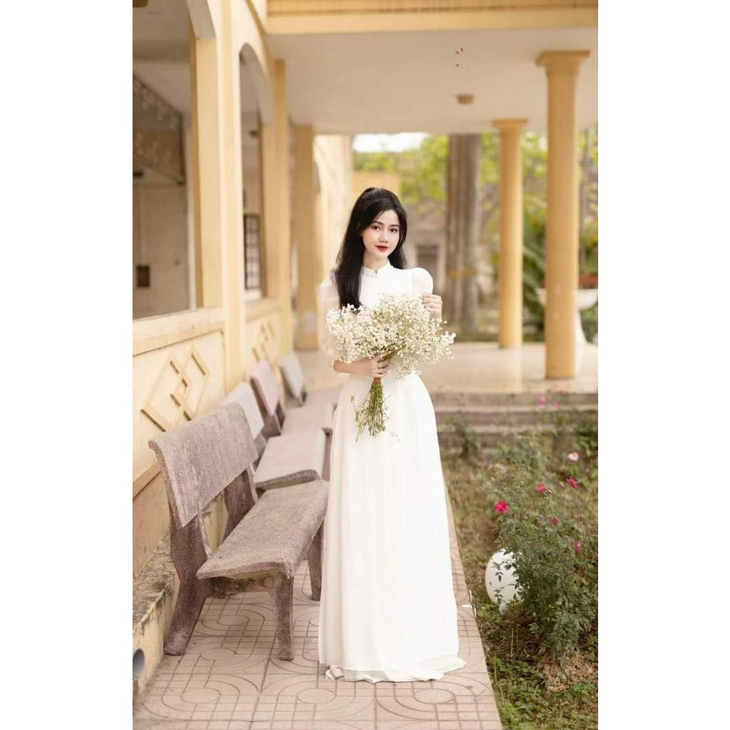 Áo dài trắng tay bồng 4 tà,cổ áo đính ngọc, học sinh,chụp kỷ yếu, đồng phục đẹp- Mai Áo Dài