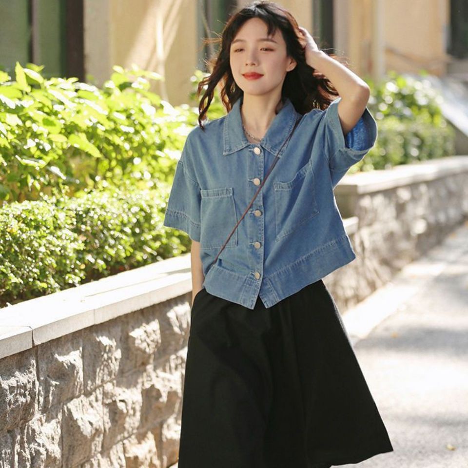 Áo Sơ Mi Denim Tay Ngắn Dáng Rộng Thời Trang Mùa Hè Phong Cách Hàn Quốc Mới Cho Nữ