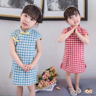 ✿BB-Summer Fashion Baby Girls Sleeveless Plaid Print Dress Kids Princess Pageant Cheongsam Dresses