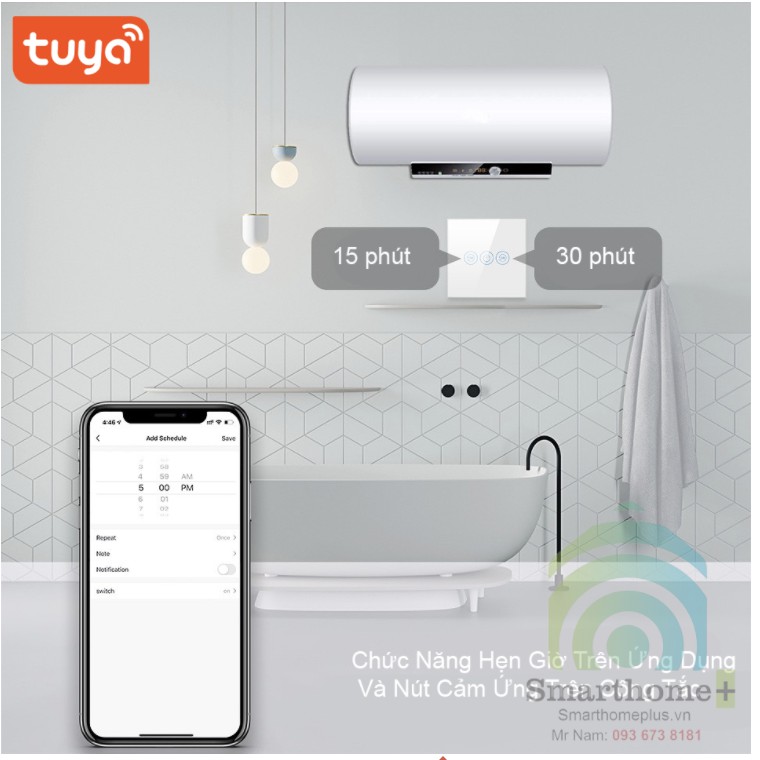 Công Tắc Wifi Bình Nóng Lạnh 20A Hẹn Giờ Tắt Hình Vuông Tuya FW3-EU